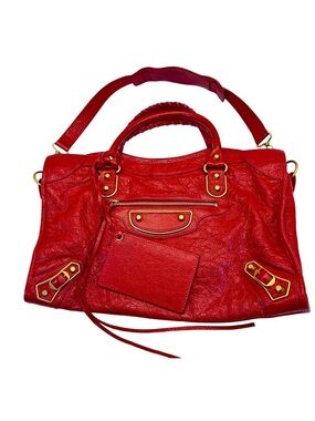 Red Leather Satchel Handbag with Gold Hardware
